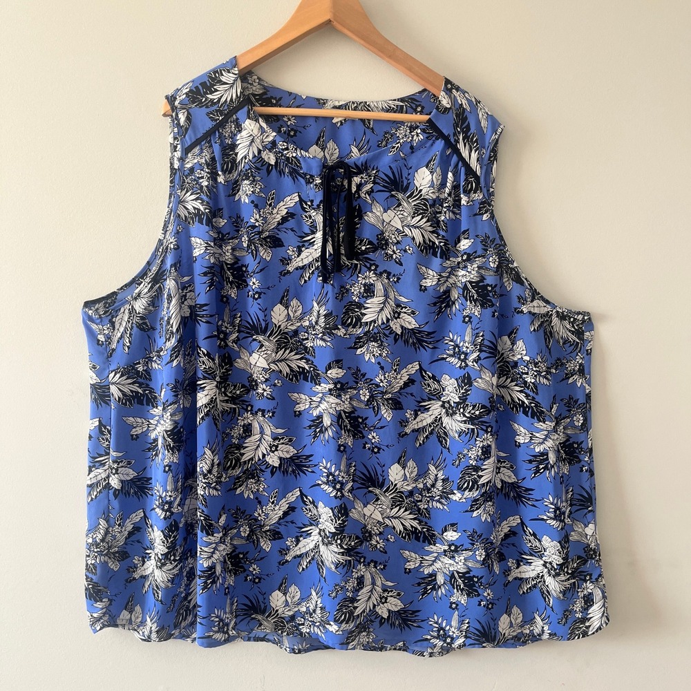 Pleione Floral Sleeveless Blouse Tropical Resort Blue 3X Tie Neck Top